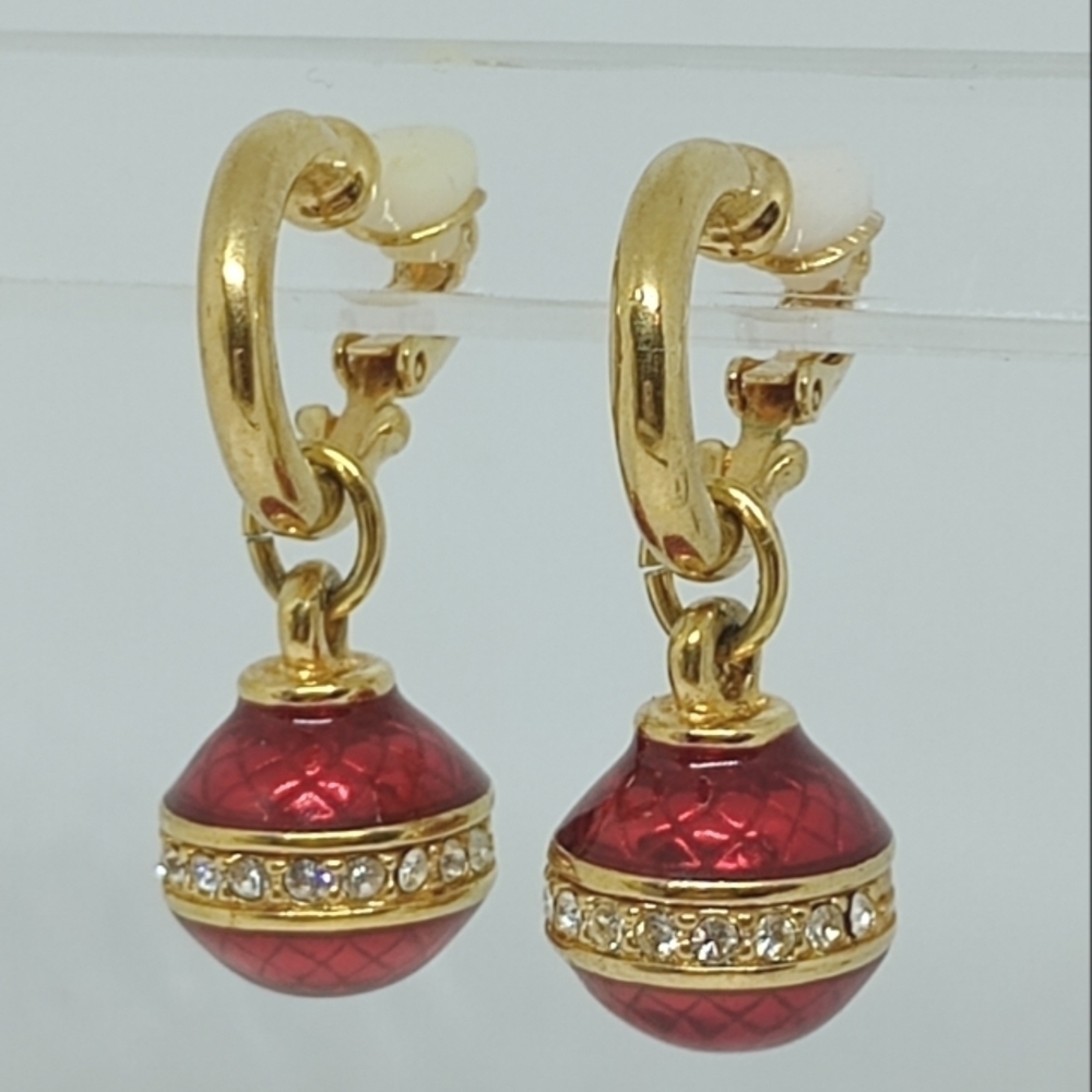 * signed Swarovski red Christmas ornament dangle clip on earrings
